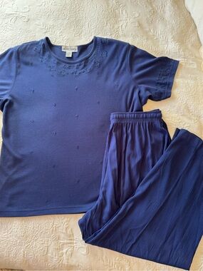 Alfred Dunner Navy Beaded Short Sleeve Top with Pleated Navy Pants